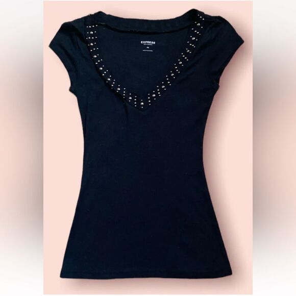 Express Tops - Express Sexy Basics Black W/ Studded Trim Cap Sleeve V-Neck Top Women Size XS